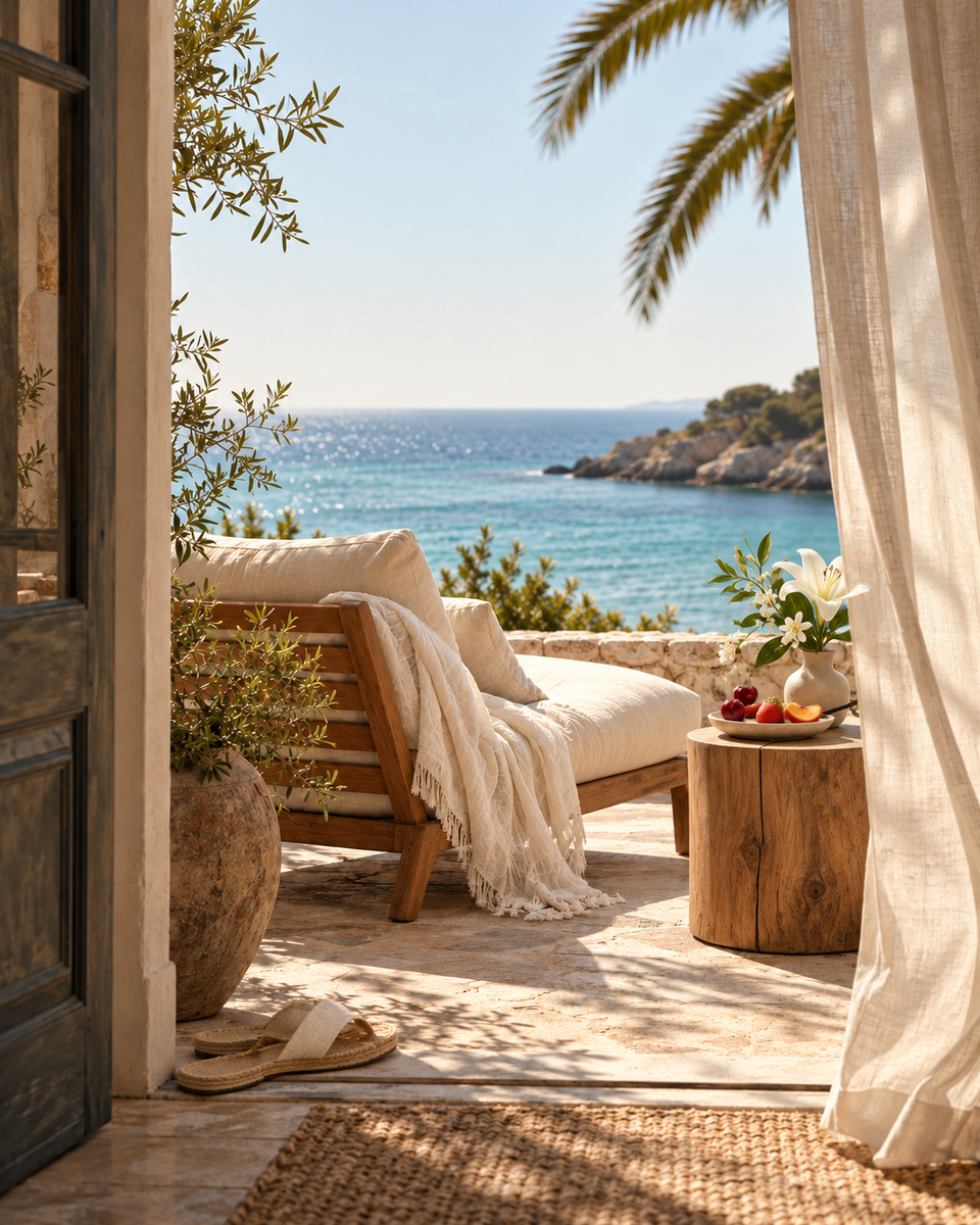 Fragrance inspiration for Au Naturel Beach: a sunlit seaside retreat with fruit, white flowers and linen; not a candle photograph.