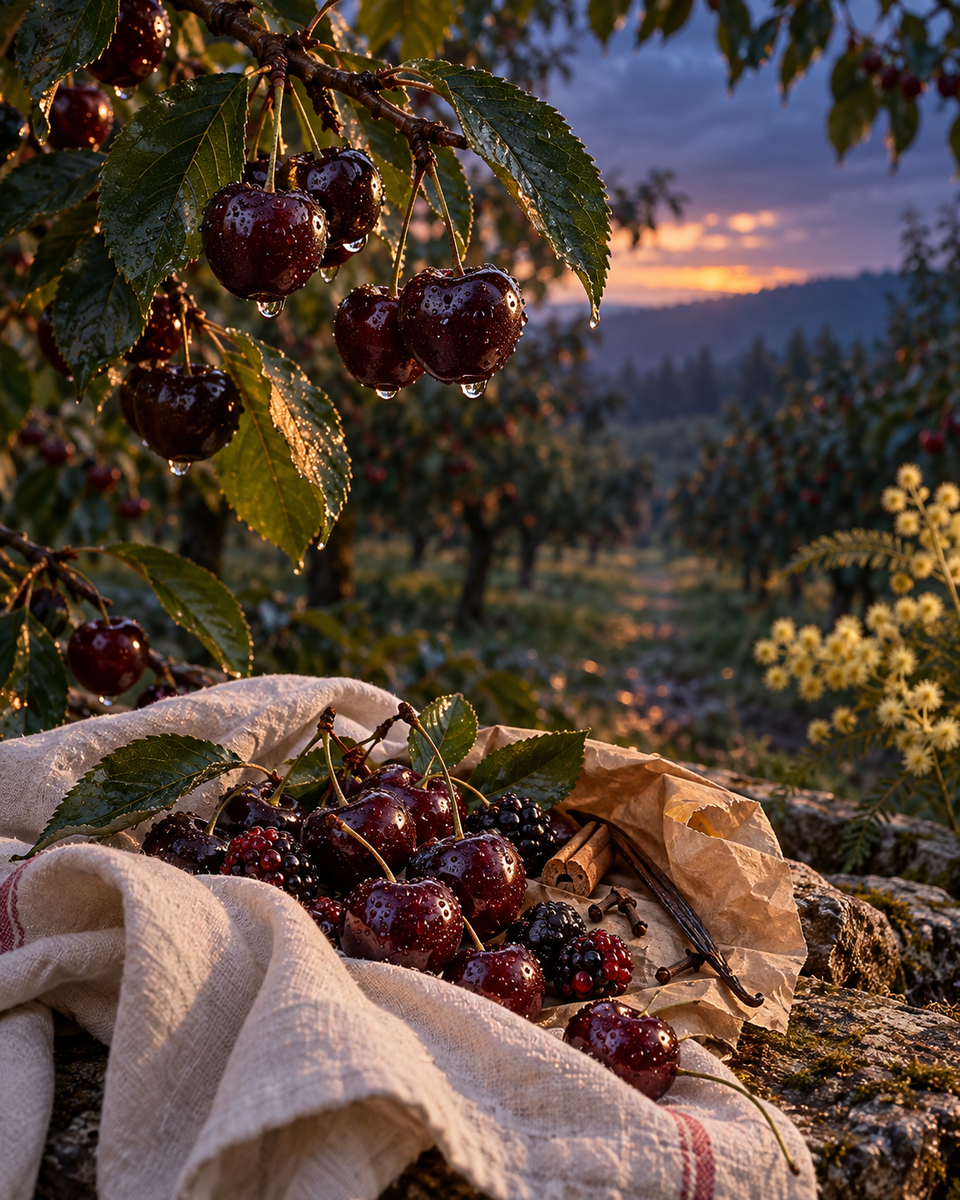 Fragrance inspiration for Black Cherry: a twilight cherry orchard with wild berries, warm spices, vanilla and mimosa; not a candle photograph.