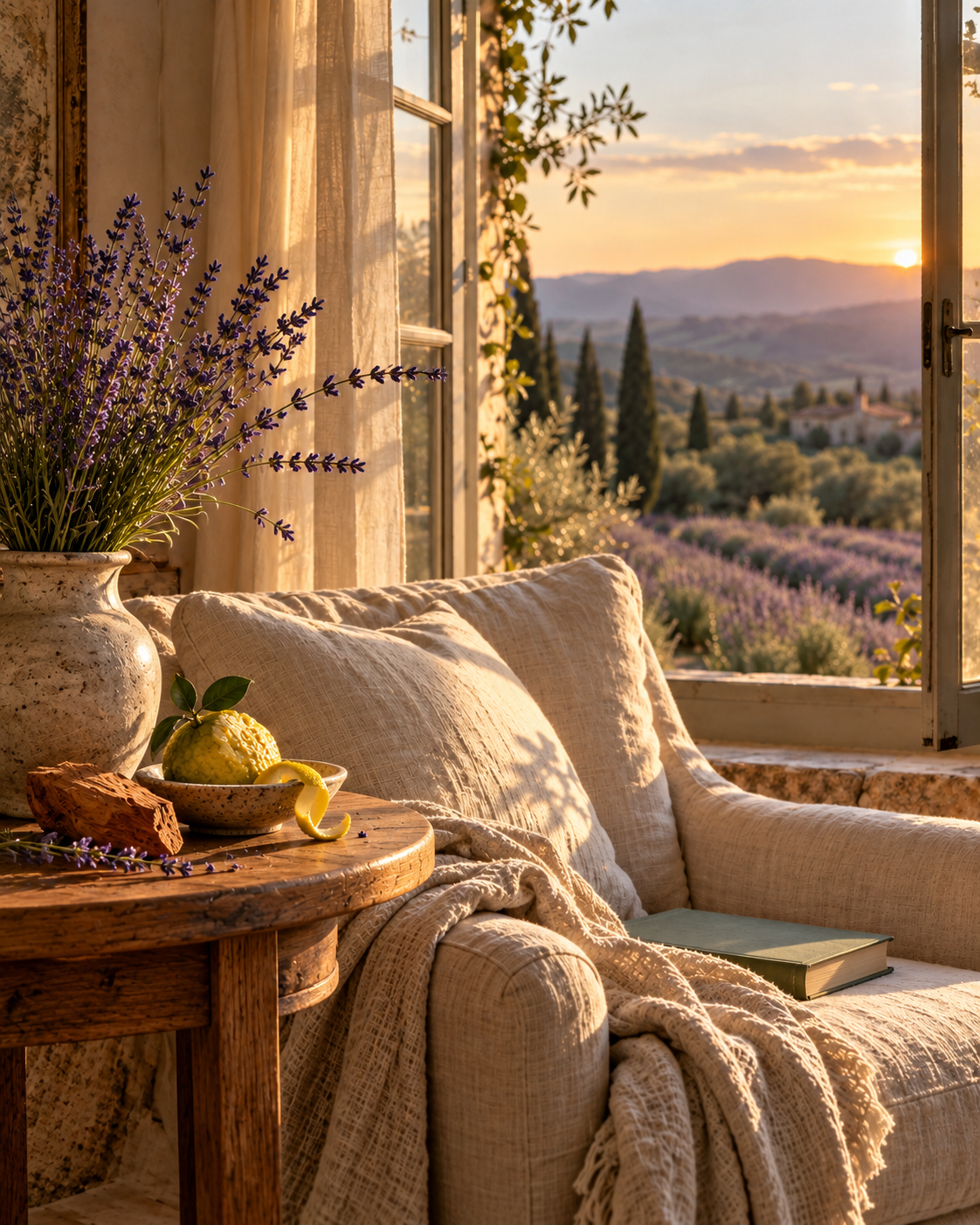 Fragrance inspiration for French Lavender: bergamot, lavender and cedar in a sunlit reading corner; not a candle photograph.