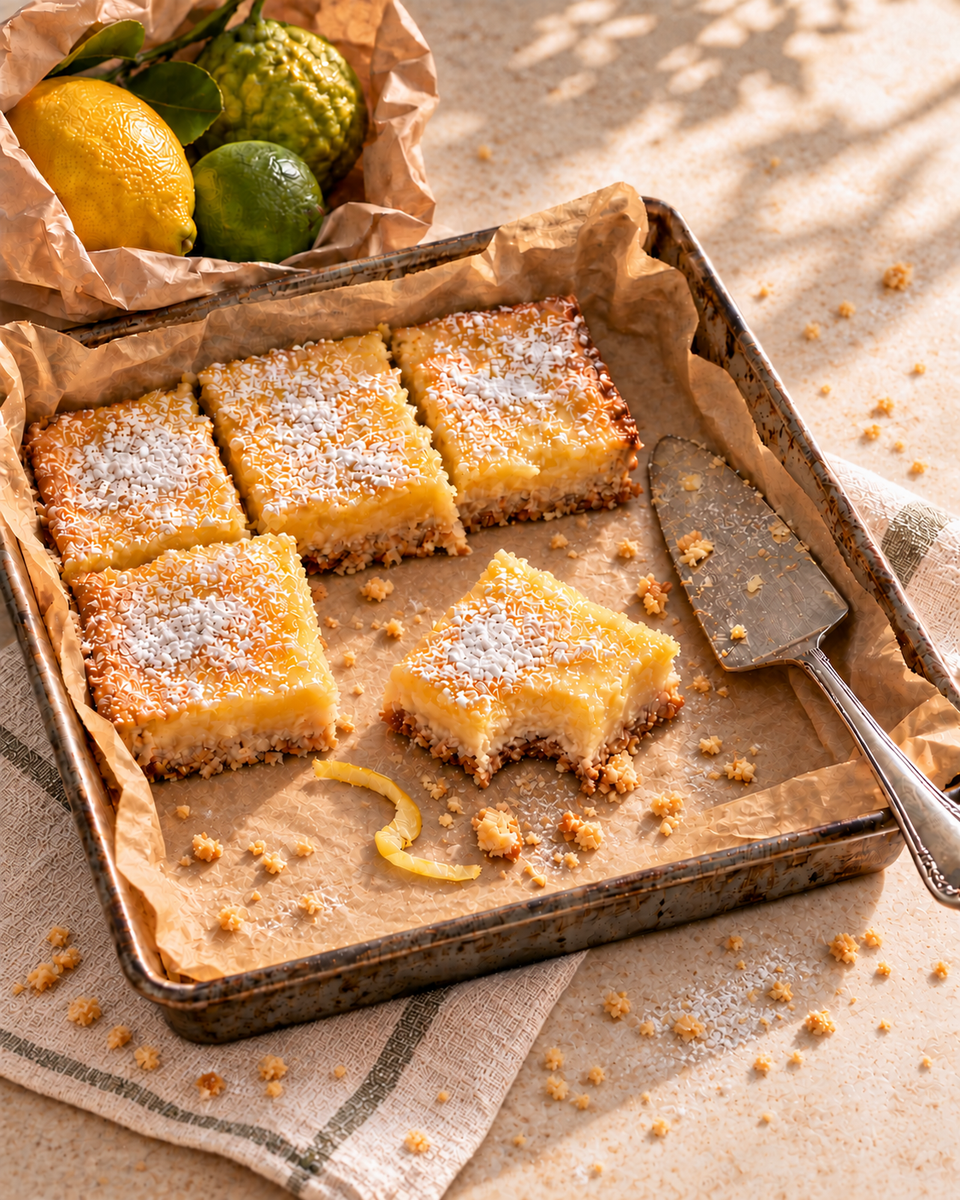 Fragrance inspiration for Lemon Bar: hand-cut lemon bars, fresh citrus and scattered baking crumbs in warm sunlight; not a candle photograph.