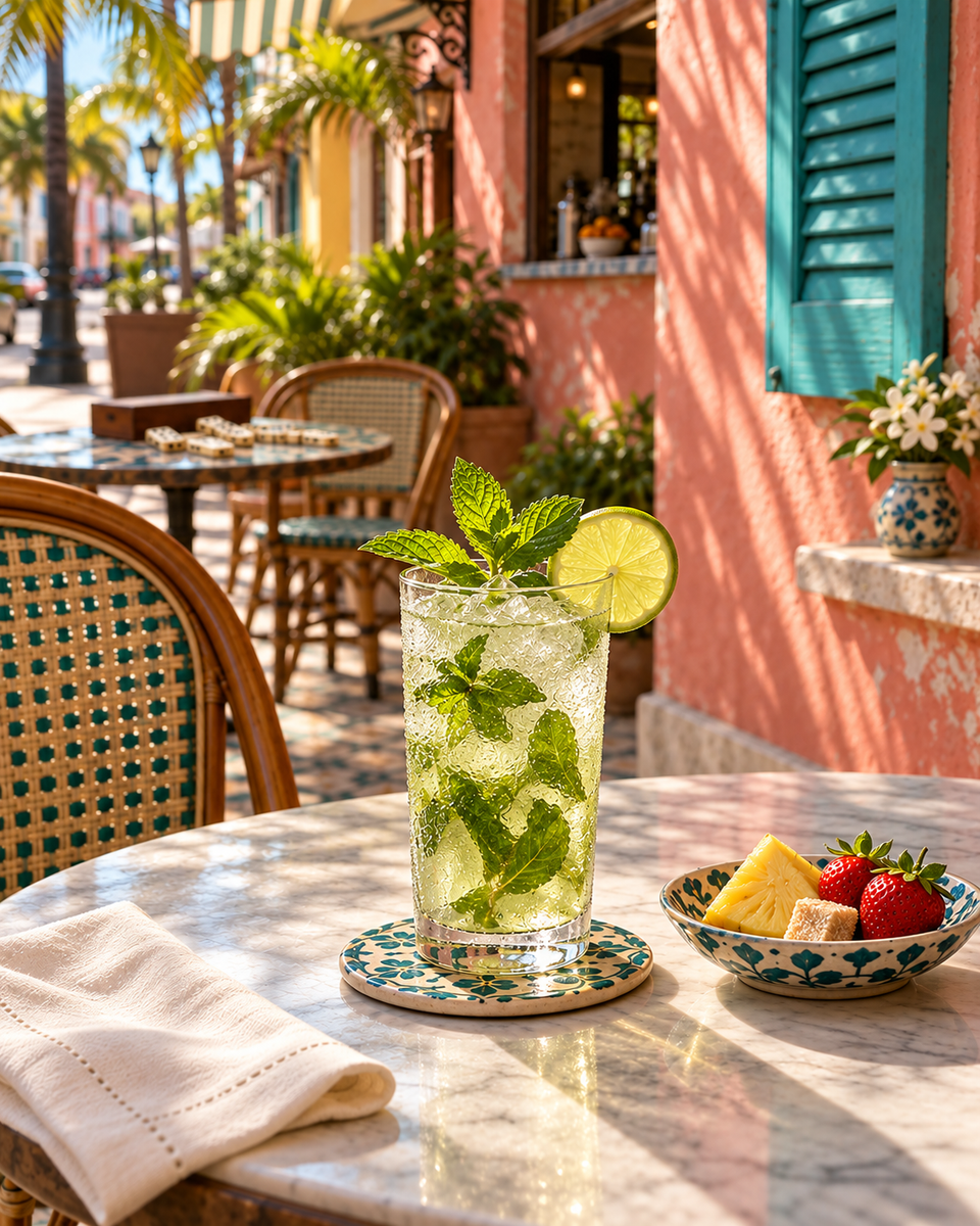 Fragrance inspiration for Mojito: a mint cocktail, pineapple, strawberries and jasmine in a colorful Little Havana cafe; not a candle photograph.