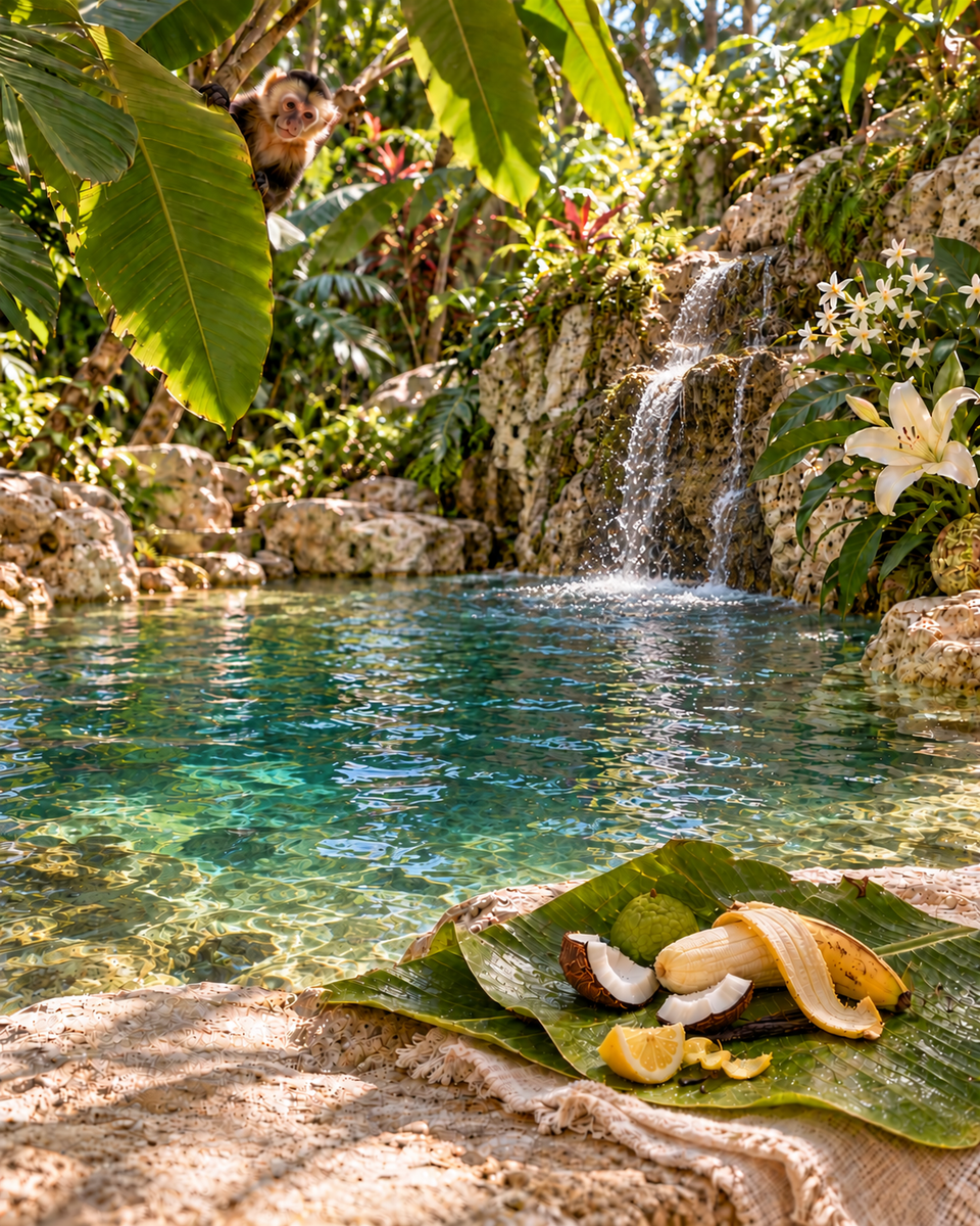 Fragrance inspiration for Monkey Toots: a tropical waterfall, a curious monkey and fruit on a banana leaf; not a candle photograph.
