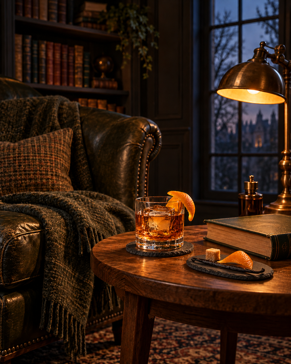 Fragrance inspiration for Old Fashioned: a bourbon cocktail, orange, sugar and vanilla on rough stone coasters in a dark study; not a candle photograph.