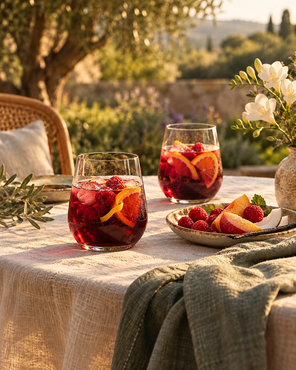 Fragrance inspiration for Raspberry Sangria: berry cocktails, citrus, peach and flowers on a garden table; not a candle photograph.